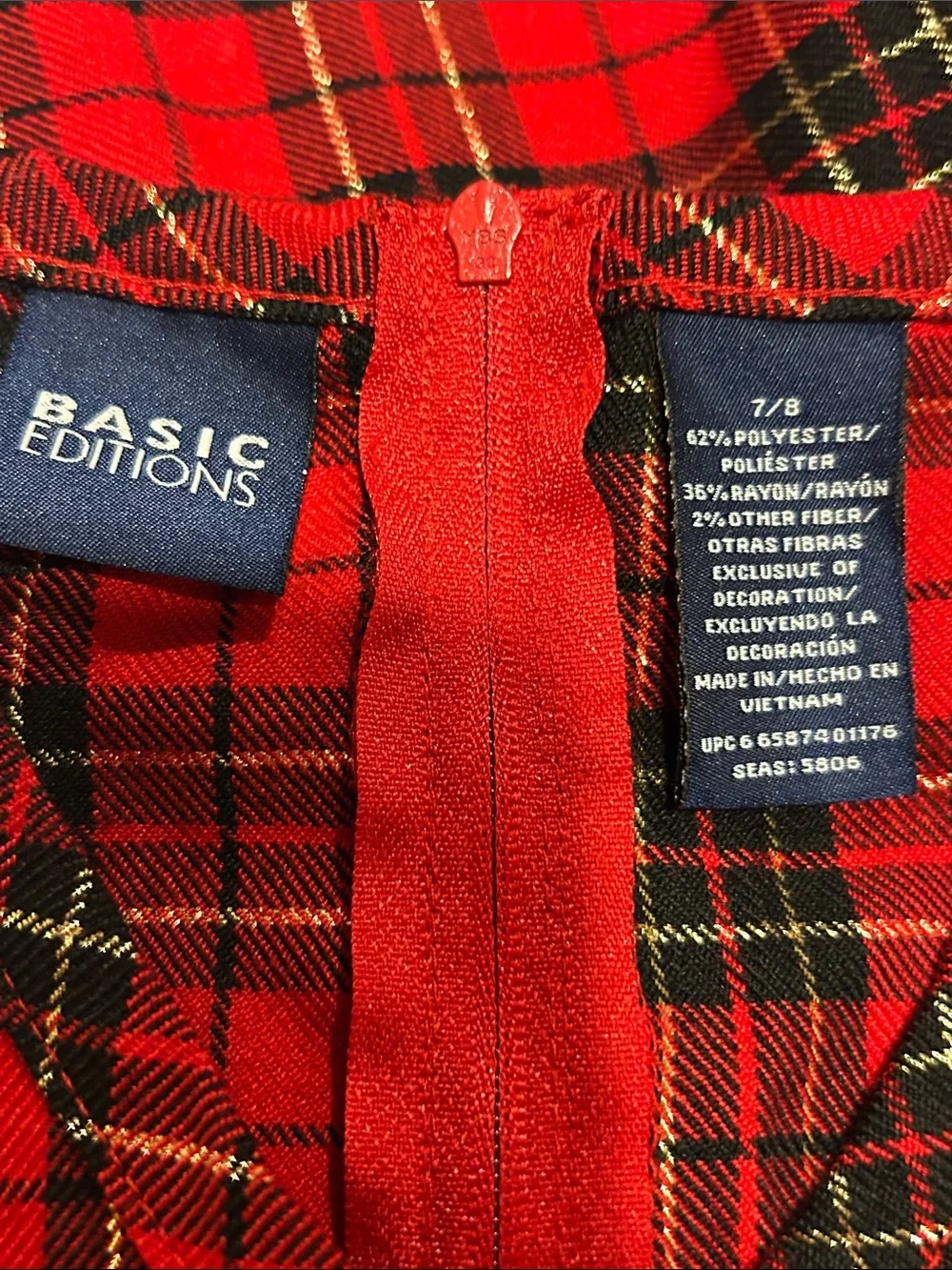 Basic Editions Red Black Plaid Sleeveless Holiday Dress with Velvet Bow